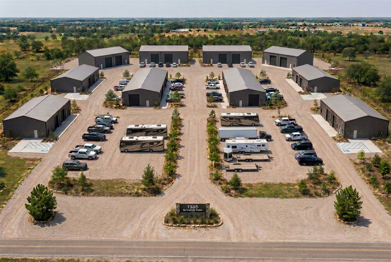 Aerial rendering of the future 1385 Business Park at 10935 FM 1385, Pilot Point, Texas